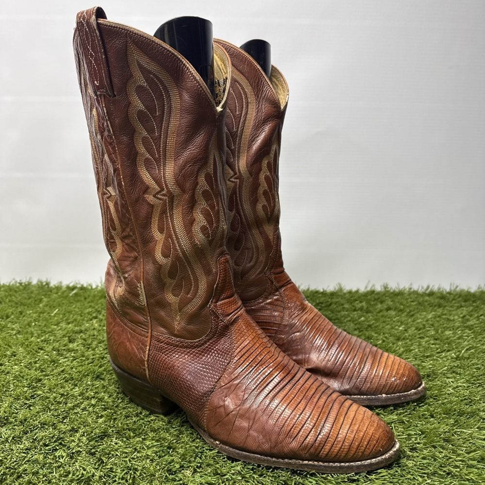 Vintage Tony Lama Lizard Foot Cowboy Boots 8540 Men's 10 EE Brown Leather Read